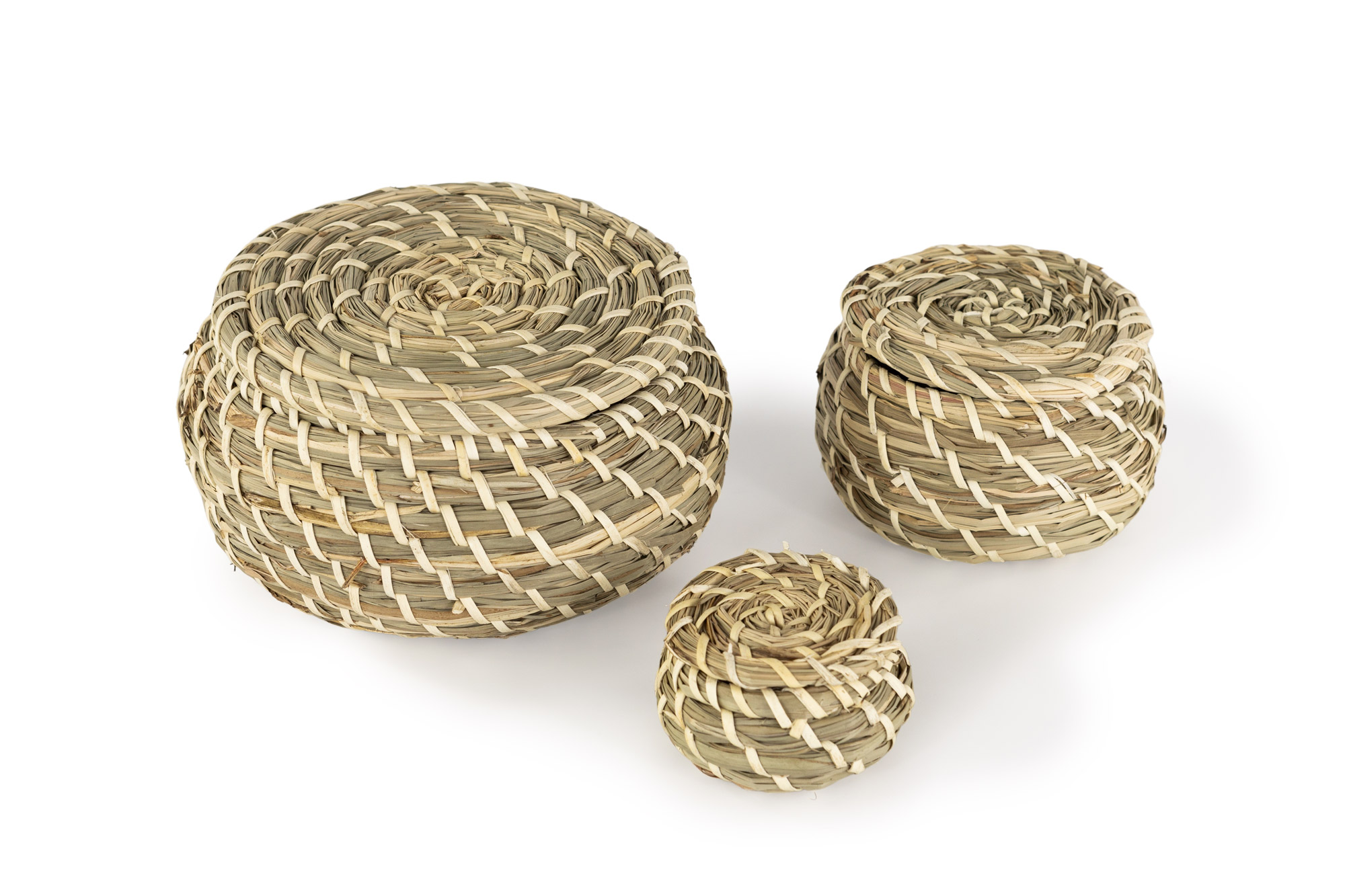 IKEA FRYKEN Korb mit Deckel 3er-Set aus Seegras, handgemacht